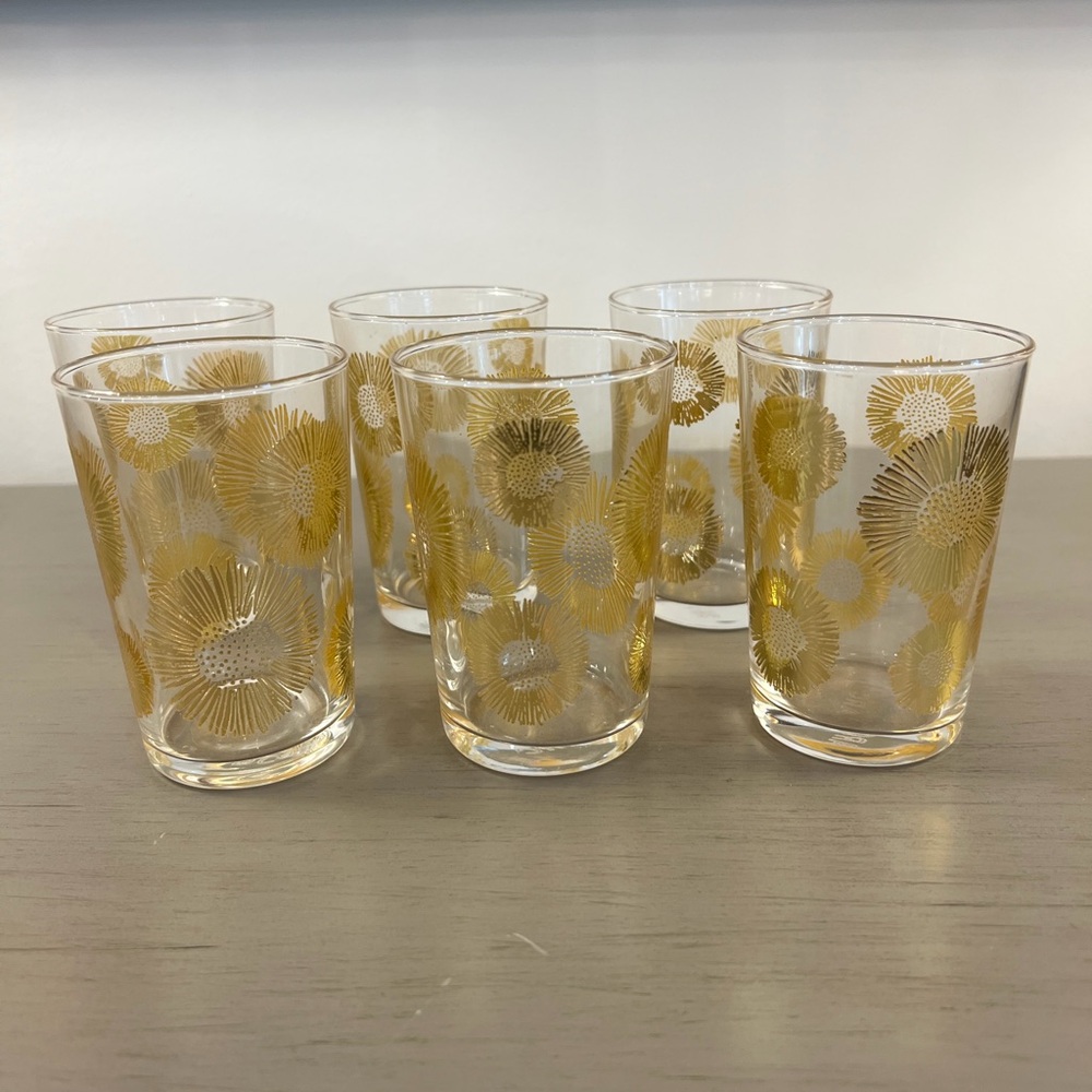 Scents & Feel Tea Glasses Set of 6 Sunflowers Gold Hand-Painted Juice Cup ARC